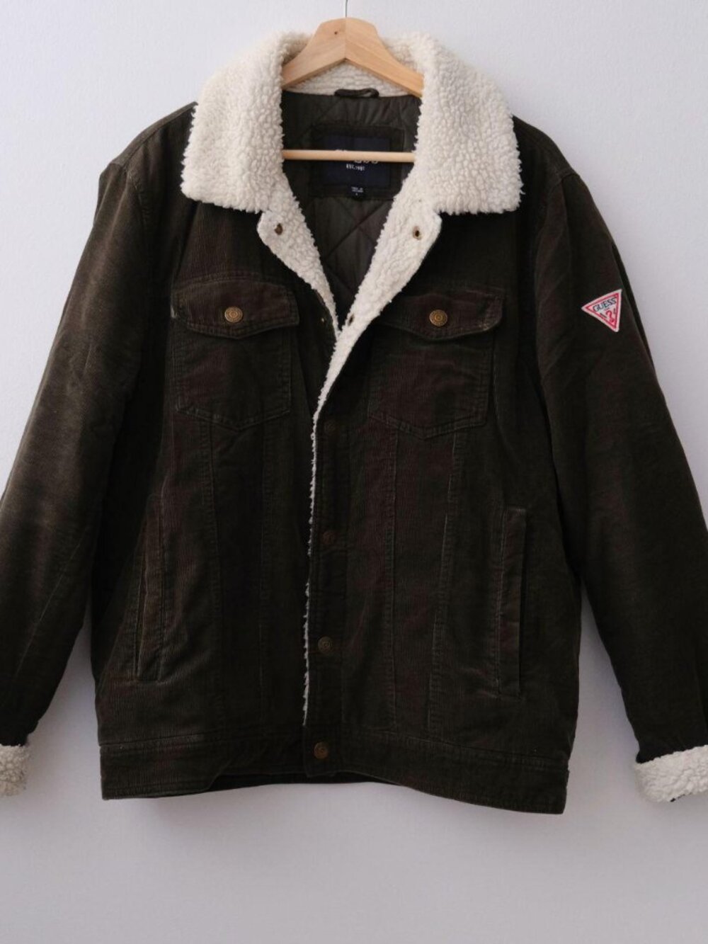 Guess Corduroy Dark Green Jacket with Sherpa Lining